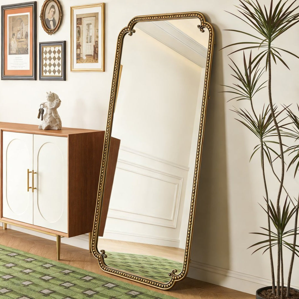 English Elm Full Length Cast Iron Floor Mirror Arched Beaded Frame Antique Gold Bedroom Accent W3040P455740