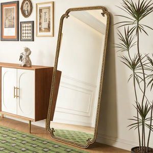 English Elm Full Length Cast Iron Floor Mirror Arched Beaded Frame Antique Gold Bedroom Accent W3040P455740
