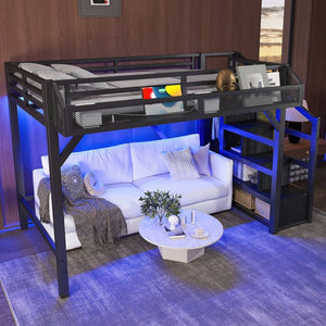English Elm Full Xl Over Twin Triple Metal Bunk Bed with Storage Stairs and Shelves Black Black+Natural W1580S00407