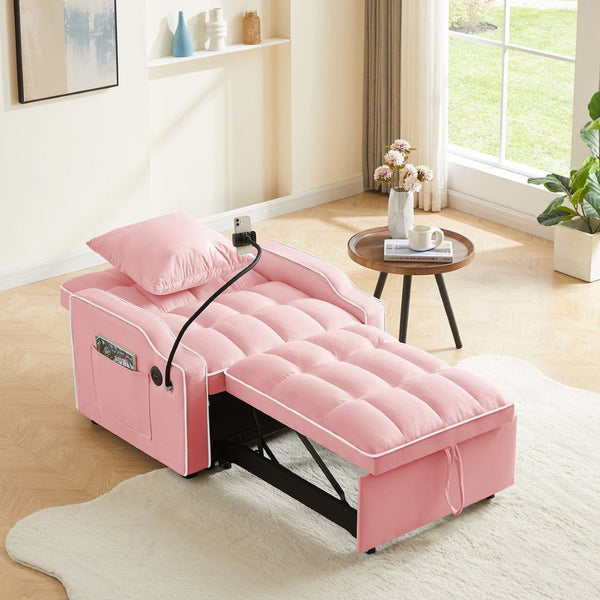 English Elm Sleeper Sofa Chair Velvet Convertible Armchair with Usb Charging for Small Spaces Pink W1359P458678
