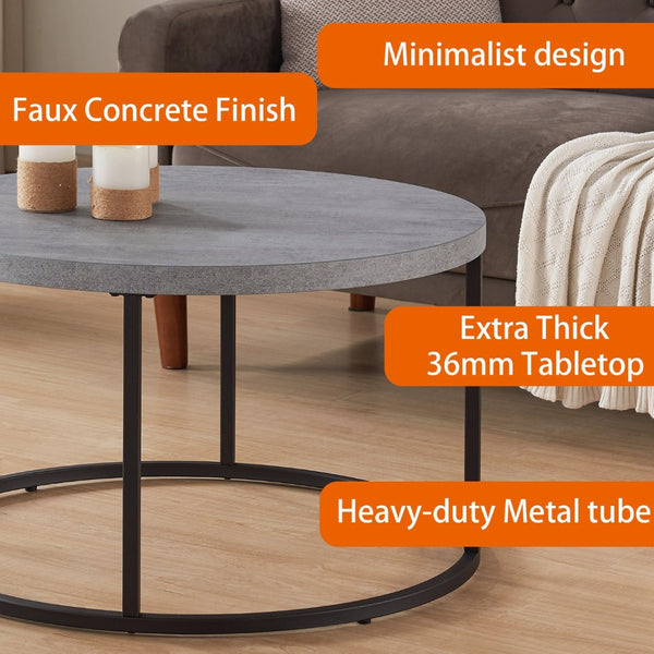 English Elm 31.5" Round Oak Finish Coffee Table Matte Black Steel Base for Modern Living Rooms Gray W3151P352762