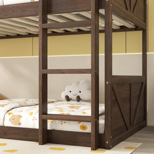 English Elm Twin Twin over Twin Floor Bunk Bed with Rustic Panel Headboards, Solid Rubberwood Frame, Space-Saving Design Antique Dark Oak W504P263818