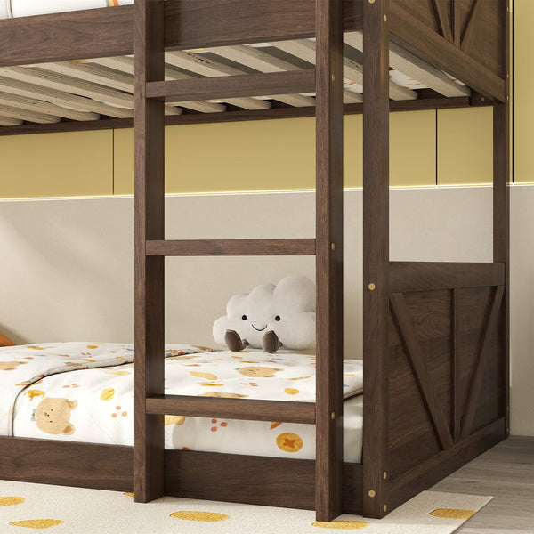 English Elm Twin Twin over Twin Floor Bunk Bed with Rustic Panel Headboards, Solid Rubberwood Frame, Space-Saving Design Antique Dark Oak W504P263818