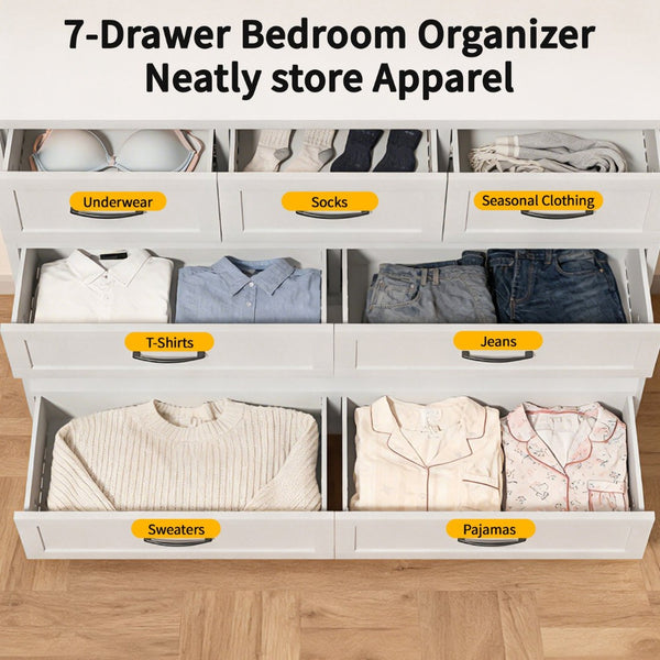 English Elm 7-drawer Steel Dresser Wide Low Profile White Cabinet for Bedroom or Entryway T2398P498867