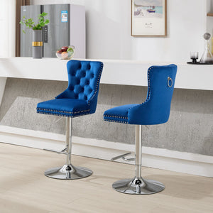 English Elm Thick Velvet Swivel Barstools Adjustable 25-33" Height with 17.7" Chrome Base, Tufted Diamond Pleat Elegance Blue W1143P335044