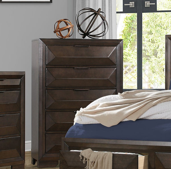 English Elm Contemporary Five Drawer Chest with Raised Panel Fronts and Espresso Birch Veneer Finish B011P225190
