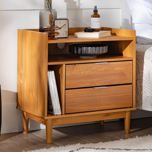 English Elm Walker Edison - Mid-Century Solid Pine 2-Drawer Gallery Nightstand with Tray Top, Open Cubby & Metal Pulls Caramel 28 L x 21 W x 7 H B185P168987