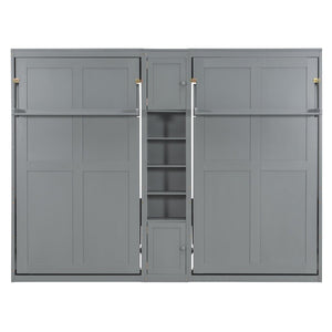 English Elm Dual Twin Wall Murphy Beds with Storage Tower Shelves for Kids or Guest Rooms Gray N820S00058E-1