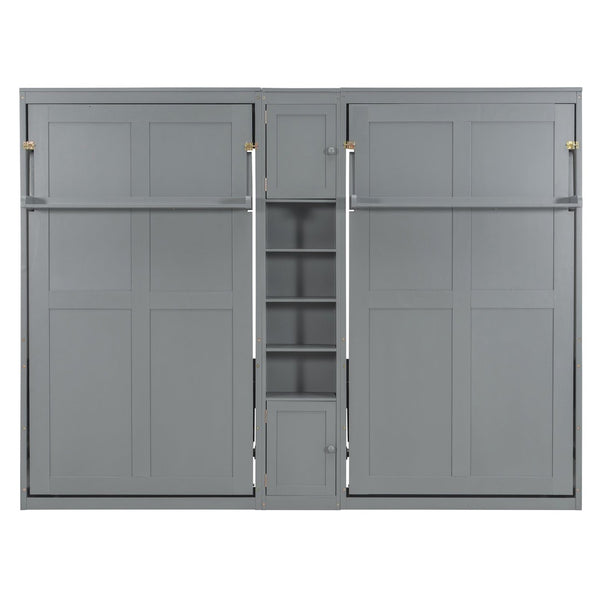 English Elm Dual Twin Wall Murphy Beds with Storage Tower Shelves for Kids or Guest Rooms Gray N820S00058E-1