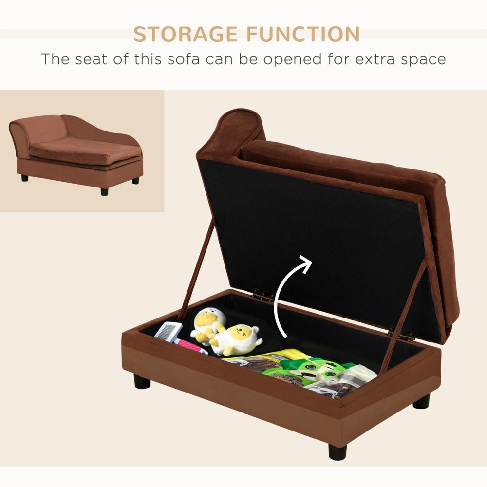 English Elm Pet Sofa with Lift Top Storage Tufted Flannel Cushion Eucalyptus Wood Frame Brown T3971P406650