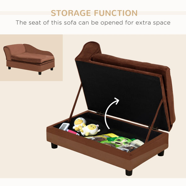 English Elm Pet Sofa with Lift Top Storage Tufted Flannel Cushion Eucalyptus Wood Frame Brown T3971P406650