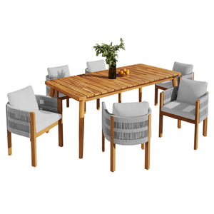 English Elm Christopher Knight Home® - Outdoor Dining Set with Acacia Wood Frame, 6 Chairs & Slatted 72" Table, Waterproof Washable Cushions Grey,Teak N779P266069N_N779P279983G-3