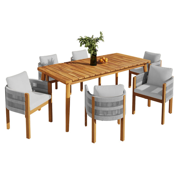English Elm Christopher Knight Home® - Outdoor Dining Set with Acacia Wood Frame, 6 Chairs & Slatted 72" Table, Waterproof Washable Cushions Grey,Teak N779P266069N_N779P279983G-3