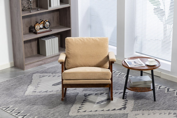 English Elm Mid Century Modern Rocking Chair Solid Wood Frame Upholstered Seat with Lumbar Cushion Khaki W2530P419012