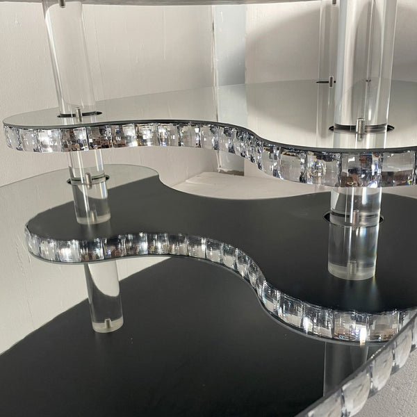 English Elm Silver Mirrored Oval Coffee Table Crystal Trim Acrylic Legs Glam Living Room Decor W3836P382489