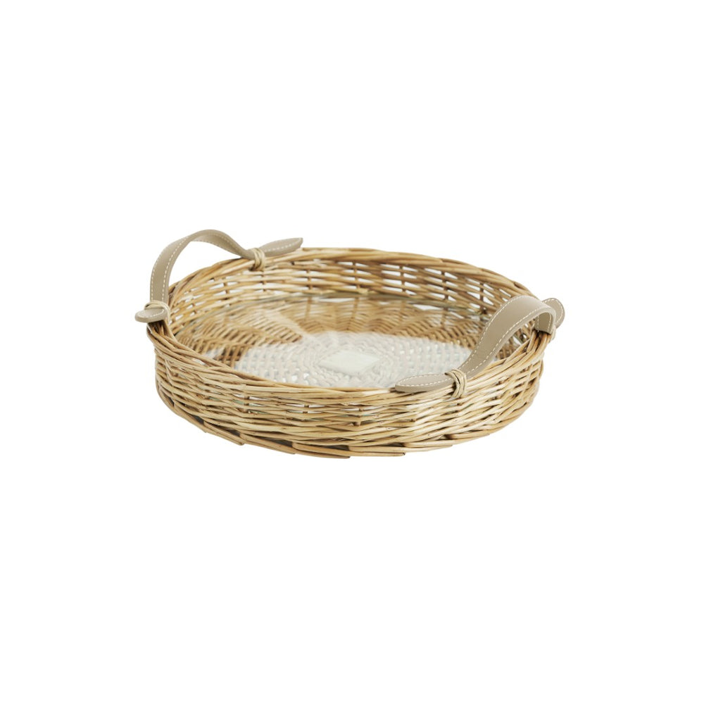 Chelsea House Island Handwoven Round Tray Small With Tempered Glass & Mocha Leather Handles — Rustic Chic Serving Accent, Versatile Decor Organizer 5255798