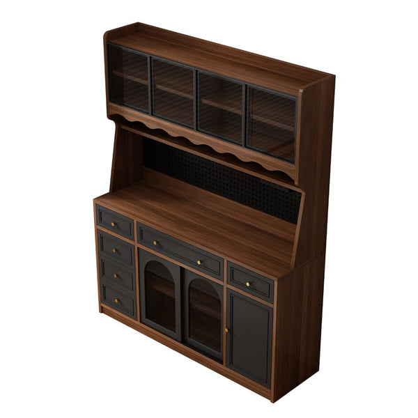 English Elm Freestanding Buffet Hutch with Glass Doors Six Drawers and Built in Power Outlet W5389S00002