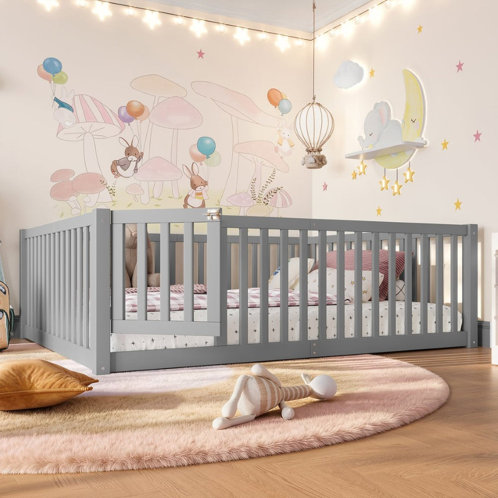 English Elm Twin Floor Bed Pine Wood Frame with Guardrails and Door for Safe Toddler Sleep Gray W1580P418052