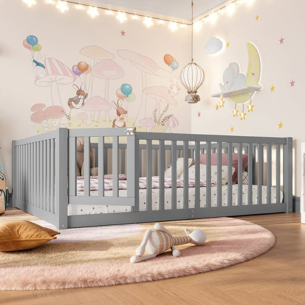 English Elm Twin Floor Bed Pine Wood Frame with Guardrails and Door for Safe Toddler Sleep Gray W1580P418052