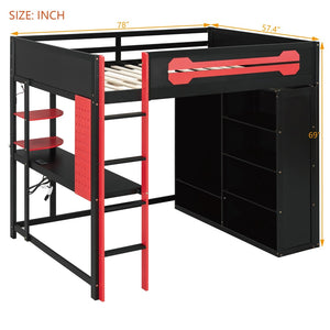 English Elm Full Size Gaming Loft Bed with Rgb Lighting Integrated Desk and Open Wardrobe N820S00073J