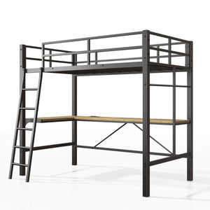 English Elm Twin Metal Loft Bed with L-Shaped Desk & USB Charging Station, Anti-Tip Guardrails, Sturdy Frame W2889P205074