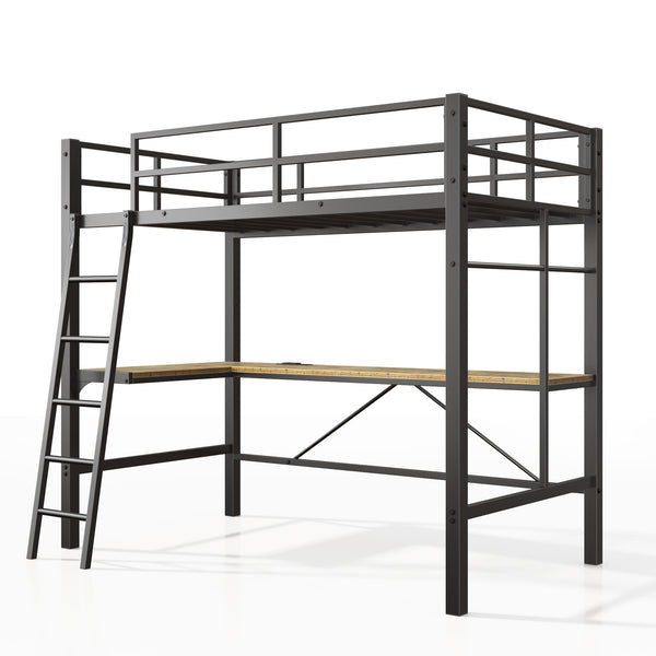 English Elm Twin Metal Loft Bed with L-Shaped Desk & USB Charging Station, Anti-Tip Guardrails, Sturdy Frame W2889P205074