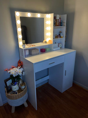English Elm Vanity LED Mirror Dressing Table with Touch Controls, Large Drawer & Smart Storage for Bedroom White W2386P288809