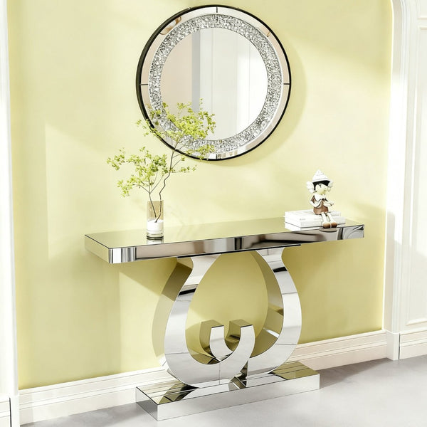 English Elm Modern Mirrored Console Table with Silver Double C Base for Entryway or Sofa W3836P382513