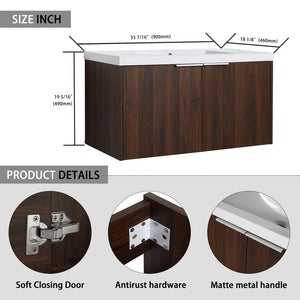 English Elm Modern 36-Inch Float Mounting Bathroom Vanity with Resin Sink, Eco Plywood, Soft-Close Doors & Shelf W99952552
