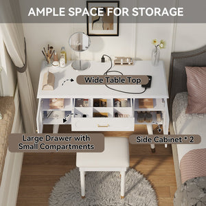 English Elm Elegant Vanity Makeup Table with Charging Station & Carved Glass Door, Sturdy Stool Included White N844P285188A