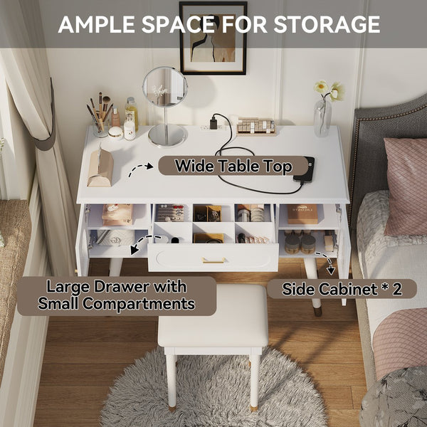 English Elm Elegant Vanity Makeup Table with Charging Station & Carved Glass Door, Sturdy Stool Included White N844P285188A