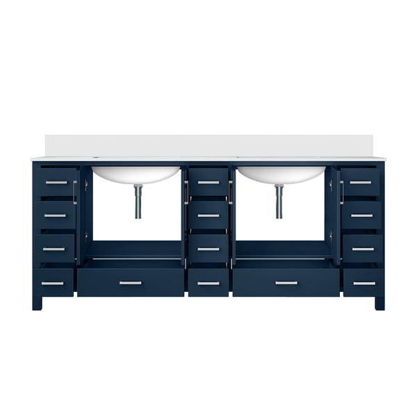 English Elm Navy Double Bath Vanity 84" W x 22" D with White Quartz Top – Solid Wood, Soft-Close, 14 Drawers B2731P258990
