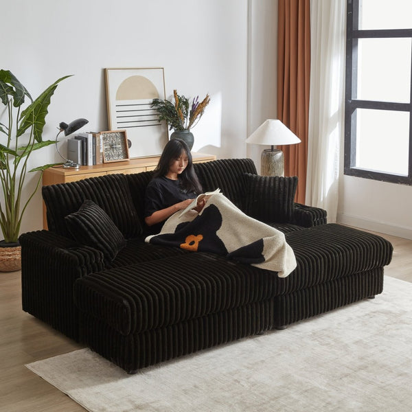 English Elm 84inch Corduroy Deep Seat Three Person Sofa with Storage Ottomans for Living Room Black W834S00566
