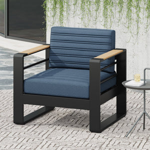 English Elm Christopher Knight Home® - GIOVANNA Club Chair with Rust-Resistant Aluminum Frame, Water-Resistant Cushions & Slat Design for Patio Comfort Blue 34.75 L x 27.75 W x 17.25 H N776P182183B