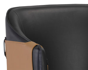 Sunpan Carter Barrel Back Barstool in Faux Leather with Black Steel Legs and Copper Foot Caps for Elegance Napa Black / Napa Cognac