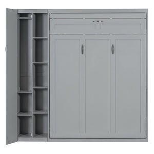 English Elm Full Size Murphy Bed with Open Shelving Wardrobe and Led Lighting for Studio Spaces Gray LP000898AAE