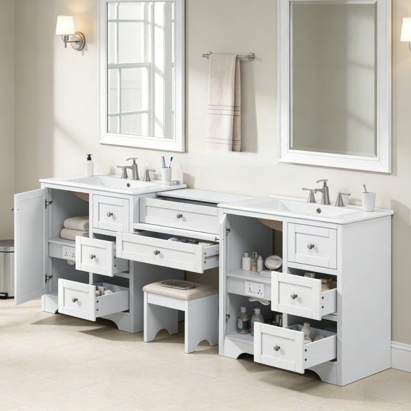 English Elm 84" Double Sink Vanity with Stone Countertop Six Soft Close Drawers and Silver Knobs White N817P404196W