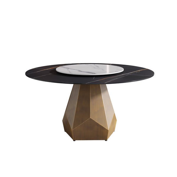 English Elm 59.05" Round Marble Dining Table With Turntable - Seats 6-8, Stylish Metal Base & Easy-Clean Surface W1535S00375