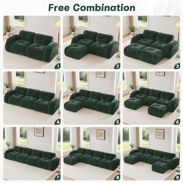 English Elm Three Seater Chenille Sofa with Ottoman Solid Wood Base Tufted Arms Living Room Green W714S01641