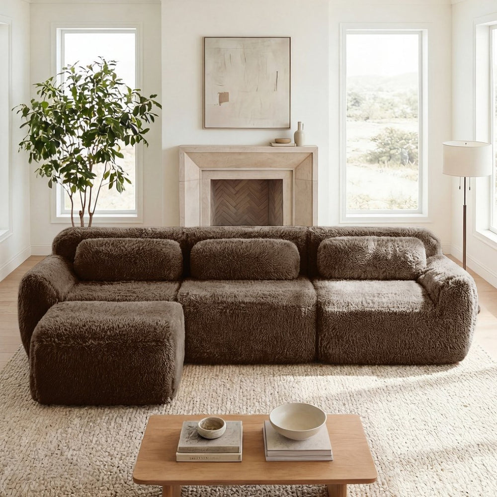 English Elm L-shaped Plush Sectional Sofa with Movable Ottoman and High Density Foam Living Room W714S01541