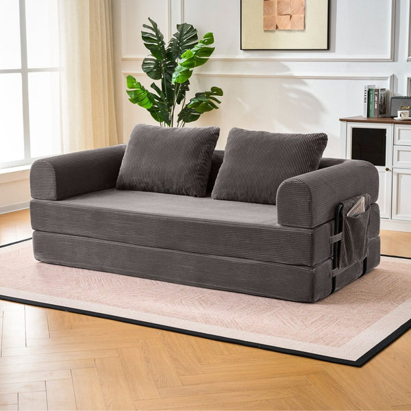 English Elm Convertible Corduroy Sleeper Sofa Foldable Three Seat Couch for Studio or Bedroom Dark Gray W3366P447131