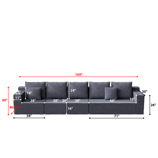 English Elm Deep Modular Cloud Couch In Dark Grey Corduroy: Oversized Comfort With Cup Holders, No Assembly! W848S00058