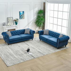 English Elm 3 Seater Chesterfield Velvet Sofa Tufted Roll Arms Brass Nailhead Mid Century Style Blue W3373S00071
