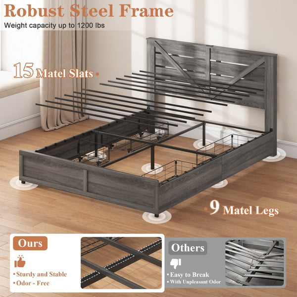 English Elm Queen-size Storage Bed with Led Headboard Barn Door Wood Grain Panel and Four Drawers W5026P429542