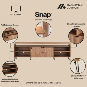 English Elm Dumbo 85" Fluted TV Stand with Gold Legs, 2 Drawers & 6 Shelves, Wire Management, Easy Snap Assembly Brown B365P397924