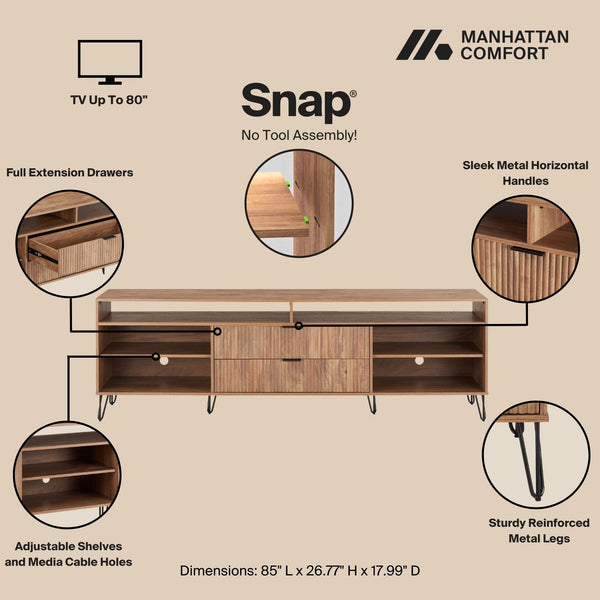 English Elm Dumbo 85" Fluted TV Stand with Gold Legs, 2 Drawers & 6 Shelves, Wire Management, Easy Snap Assembly Brown B365P397924