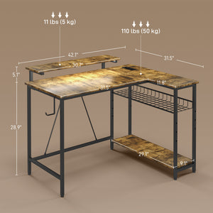 English Elm HOMCOM LED L-Shaped Desk with USB & Power Outlets, Monitor Stand, Shelves, Remote Lighting Ambience Rustic Brown W2225P217260