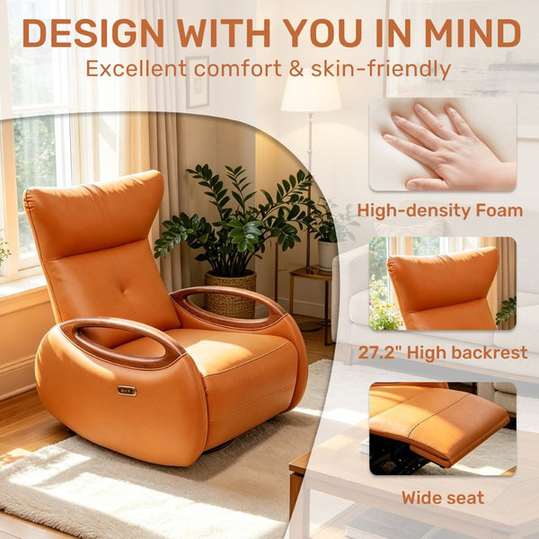 English Elm Power Reclining Swivel Chair Eco Leather Oak Armrests 260 Degree Lounge Seating Orange W3795P502502