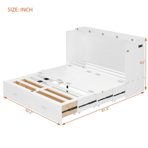 English Elm Queen Murphy Wall Bed with Drawers Usb Charging Ports Pulley Lift Mdf Cabinet White LP100671AAK-1