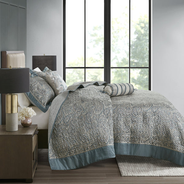 English Elm 5 Piece Jacquard Bedspread Set with Throw Pillows Queen Paisley Pattern Grey-Trimmed Quilted Luxury Teal 18.11 L x 22.83 W x 7.48 H B035P148359